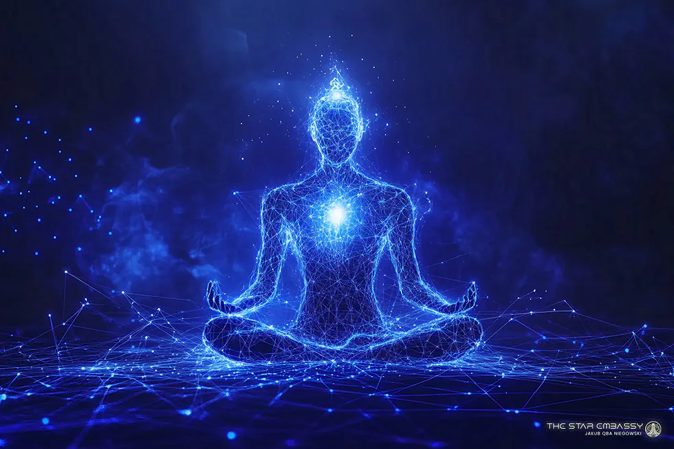 A person in calm meditation with a gentle column of light descending from above