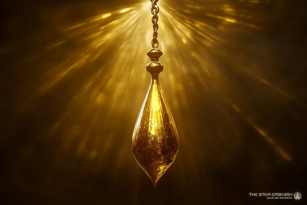 A person calmly focusing while holding a pendulum, framing a clear question