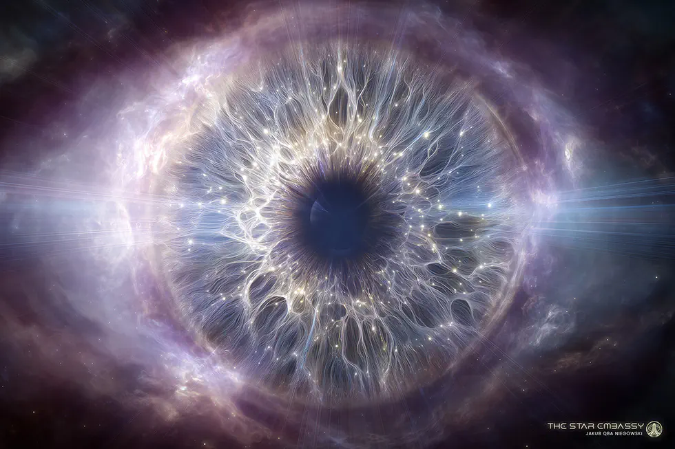 Remote viewing practice: a person sitting in calm, focused stillness with a star field overlay representing perception beyond the senses